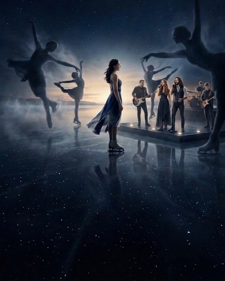 Una pattinatrice sul lago ghiacciato di notte, tra figure danzanti e una band che suona dal vivo su un palco